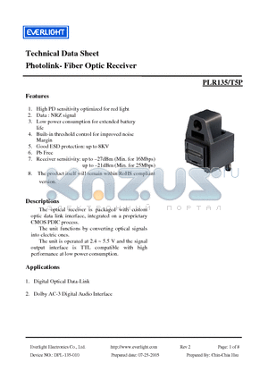 PLR135-T5P datasheet - Photolink- Fiber Optic Receiver