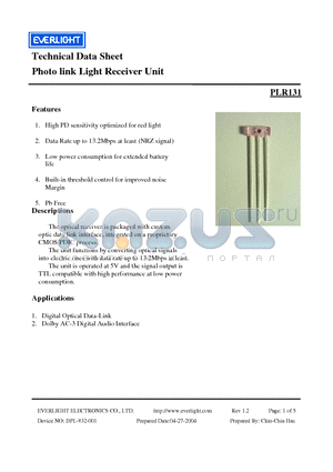 PLR131 datasheet - Technical Data Sheet Photo link Light Receiver Unit
