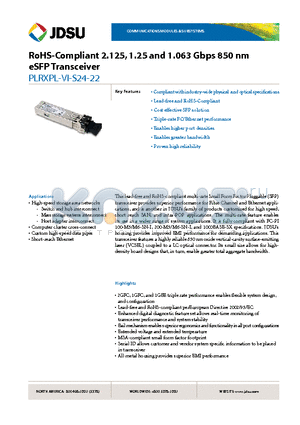PLRXPL-VI-S24-22 datasheet - RoHS-Compliant 2.125, 1.25 and 1.063 Gbps 850 nm eSFP Transceiver