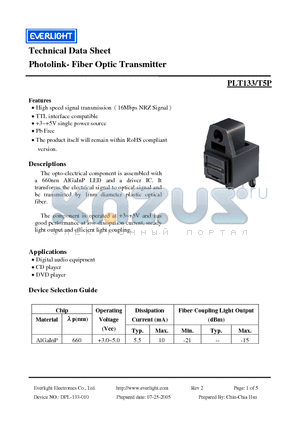 PLT133-T5P datasheet - Photolink- Fiber Optic Transmitter