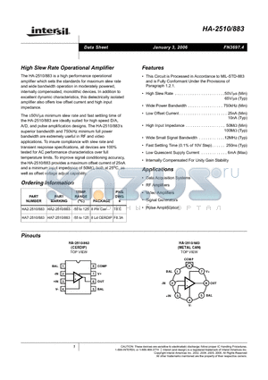 HA2-2510/883 datasheet - High Slew Rate Operational Amplifier