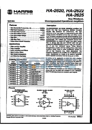 HA2-2620-2 datasheet - Very Wideband, Uncompensated Operational Amplfiers