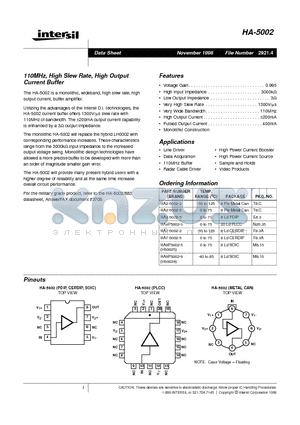 HA2-5002-5 datasheet - 110MHz, High Slew Rate, High Output Current Buffer