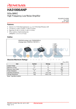 HA31006ANPTL-E datasheet - SiGe MMIC High Frequency Low Noise Amplifier