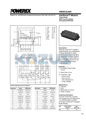 PM30CSJ060 datasheet - Intellimod Module Three Phase IGBT Inverter Output (30 Amperes/600 Volts)