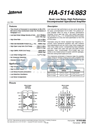 HA4-5114/883 datasheet - Quad, Low Noise, High Performance Uncompensated Operational Amplifier