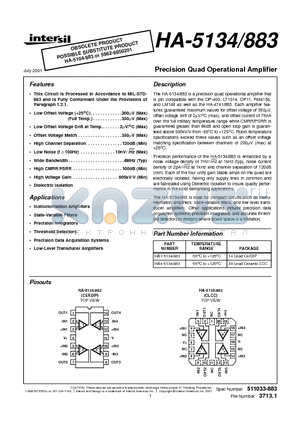 HA4-5134/883 datasheet - Precision Quad Operational Amplifier