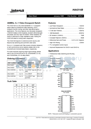 HA4314BCP datasheet - 400MHz, 4 x 1 Video Crosspoint Switch