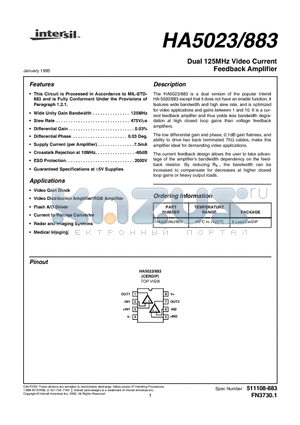 HA5023883 datasheet - Dual 125MHz Video Current Feedback Amplifier