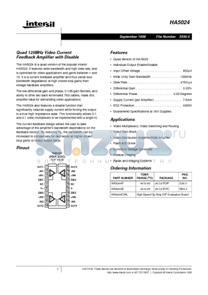 HA5024 datasheet - Quad 125MHz Video Current Feedback Amplifier with Disable