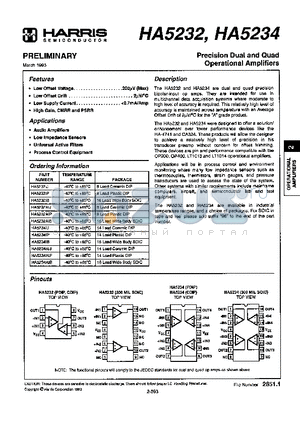 HA5234AIP datasheet - Precision Dual and Quad Operational Amplifiers