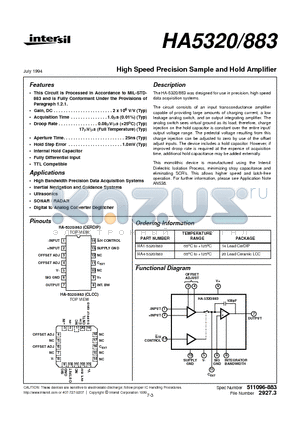 HA5320883 datasheet - High Speed Precision Sample and Hold Amplifier