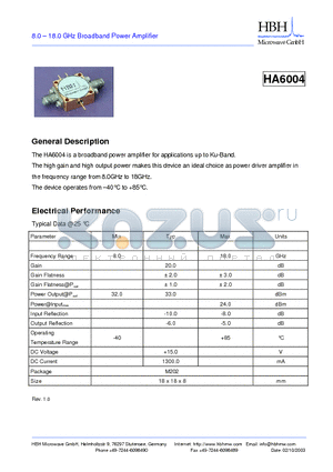 HA6004 datasheet - 8.0 - 18.0 GHz Broadband Power Amplifier