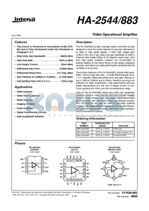 HA7-2544/883 datasheet - Video Operational Amplifier