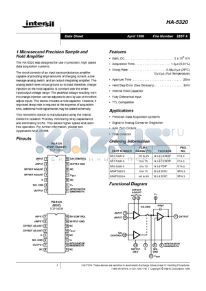 HA9P5320-5 datasheet - 1 Microsecond Precision Sample and Hold Amplifier