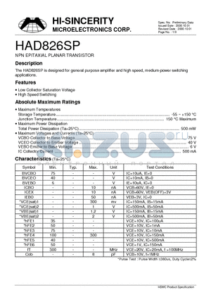 HAD826SP datasheet - NPN EPITAXIAL PLANAR TRANSISTOR
