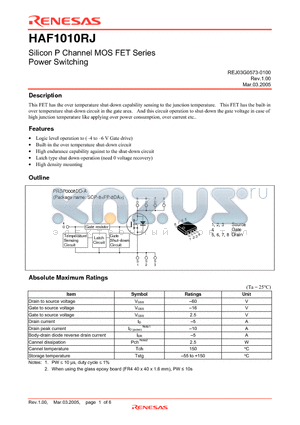 HAF1010RJ datasheet - Silicon P Channel MOS FET Series Power Switching