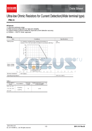 PML18_1111 datasheet - Ultra-low Ohmic Resistors for Current Detection(Wide terminal type)