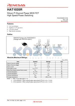 HAT1035R-EL-E datasheet - Silicon P Channel Power MOSFET High Speed Power Switching