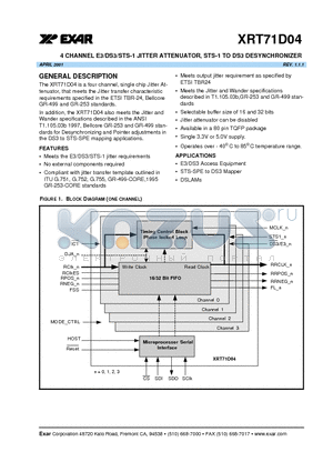 XRT71D04 datasheet - 4 CHANNEL E3/DS3/STS-1 JITTER ATTENUATOR, STS-1 TO DS3 DESYNCHRONIZER