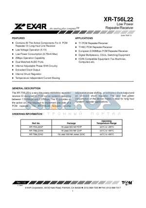 XRT56L22 datasheet - Low Power Repeater/Receiver