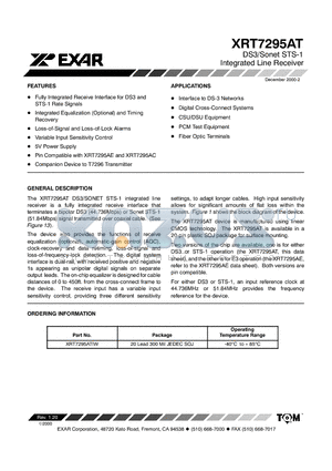 XRT7295AT datasheet - DS3/Sonet STS-1 Integrated Line Receiver