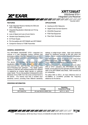 XRT7295ATIW datasheet - DS3/Sonet STS-1 Integrated Line Receiver