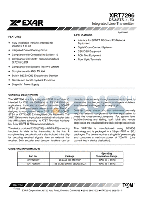 XRT7296 datasheet - INTEGRATED LINE TRANSMITTER