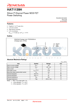 HAT1139H datasheet - Silicon P Channel Power MOS FET Power Switching