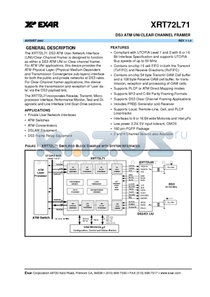 XRT72L71 datasheet - DS3 ATM UNI/CLEAR CHANNEL FRAMER