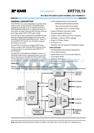 XRT72L13 datasheet - M13 MULTIPLEXER/CLEAR CHANNEL DS3 FRAMER IC