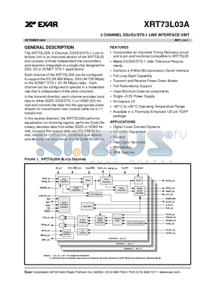 XRT73L03A datasheet - 3 CHANNEL DS3/E3/STS-1 LINE INTERFACE UNIT