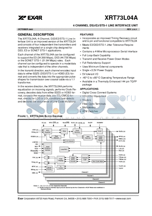 XRT73L04A datasheet - 4 CHANNEL DS3/E3/STS-1 LINE INTERFACE UNIT