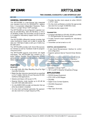 XRT73L02MIV datasheet - TWO CHANNEL E3/DS3/STS-1 LINE INTERFACE UNIT