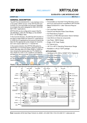 XRT73LC00 datasheet - E3/DS3/STS-1 LINE INTERFACE UNIT