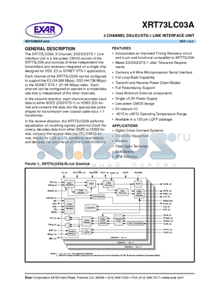 XRT73LC03A datasheet - 3 CHANNEL DS3/E3/STS-1 LINE INTERFACE UNIT