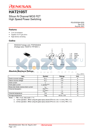 HAT2105T-EL-E datasheet - Silicon N Channel MOS FET High Speed Power Switching