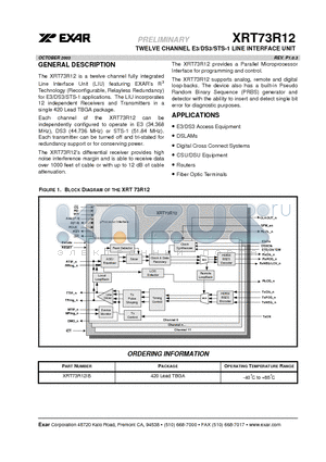 XRT73R12 datasheet - TWELVE CHANNEL E3/DS3/STS-1 LINE INTERFACE UNIT