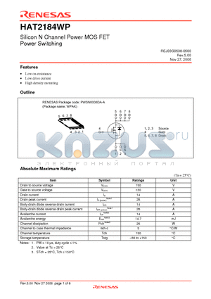 HAT2184WP-EL-E datasheet - Silicon N Channel Power MOS FET Power Switching