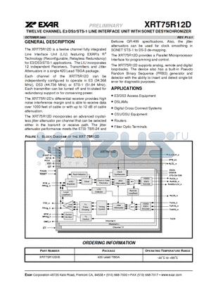XRT75R12D datasheet - TWELVE CHANNEL E3/DS3/STS-1 LINE INTERFACE UNIT WITH SONET DESYNCHRONIZER