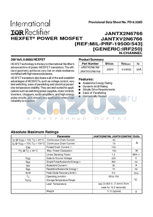 JANTXV2N6766 datasheet - POWER MOSFET N-CHANNEL(BVdss=200V, Rds(on)=0.085ohm, Id=30A)