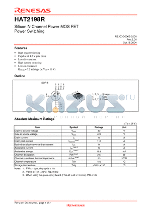 HAT2198R-EL-E datasheet - Silicon N Channel Power MOS FET Power Switching
