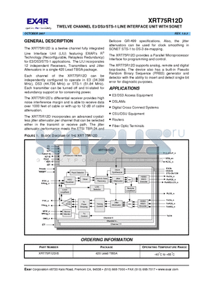 XRT75R12D datasheet - TWELVE CHANNEL E3/DS3/STS-1 LINE INTERFACE UNIT WITH SONET