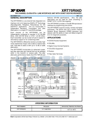 XRT75R06D datasheet - SIX CHANNEL E3/DS3/STS-1 LINE INTERFACE UNIT WITH SONET DESYNCHRONIZER