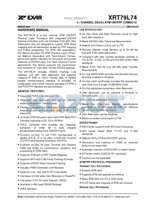 XRT79L74IB datasheet - 4 - CHANNEL DS3/E3 ATM UNI/PPP COMBO IC