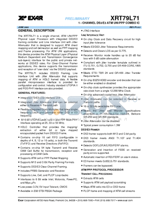 XRT79L71IB datasheet - 1 - CHANNEL DS3/E3 ATM UNI/PPP COMBO IC