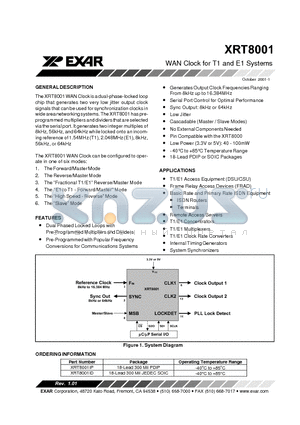 XRT8001ID datasheet - WAN Clock for T1 and E1 Systems