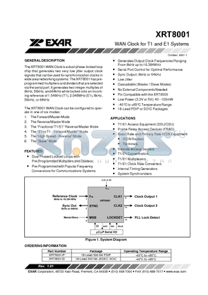 XRT8001IP datasheet - WAN Clock for T1 and E1 Systems