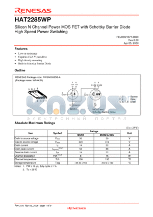 HAT2285WP datasheet - Silicon N Channel Power MOS FET with Schottky Barrier Diode High Speed Power Switching