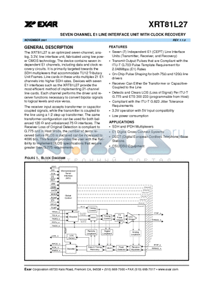 XRT81L27IV datasheet - SEVEN CHANNEL E1 LINE INTERFACE UNIT WITH CLOCK RECOVERY